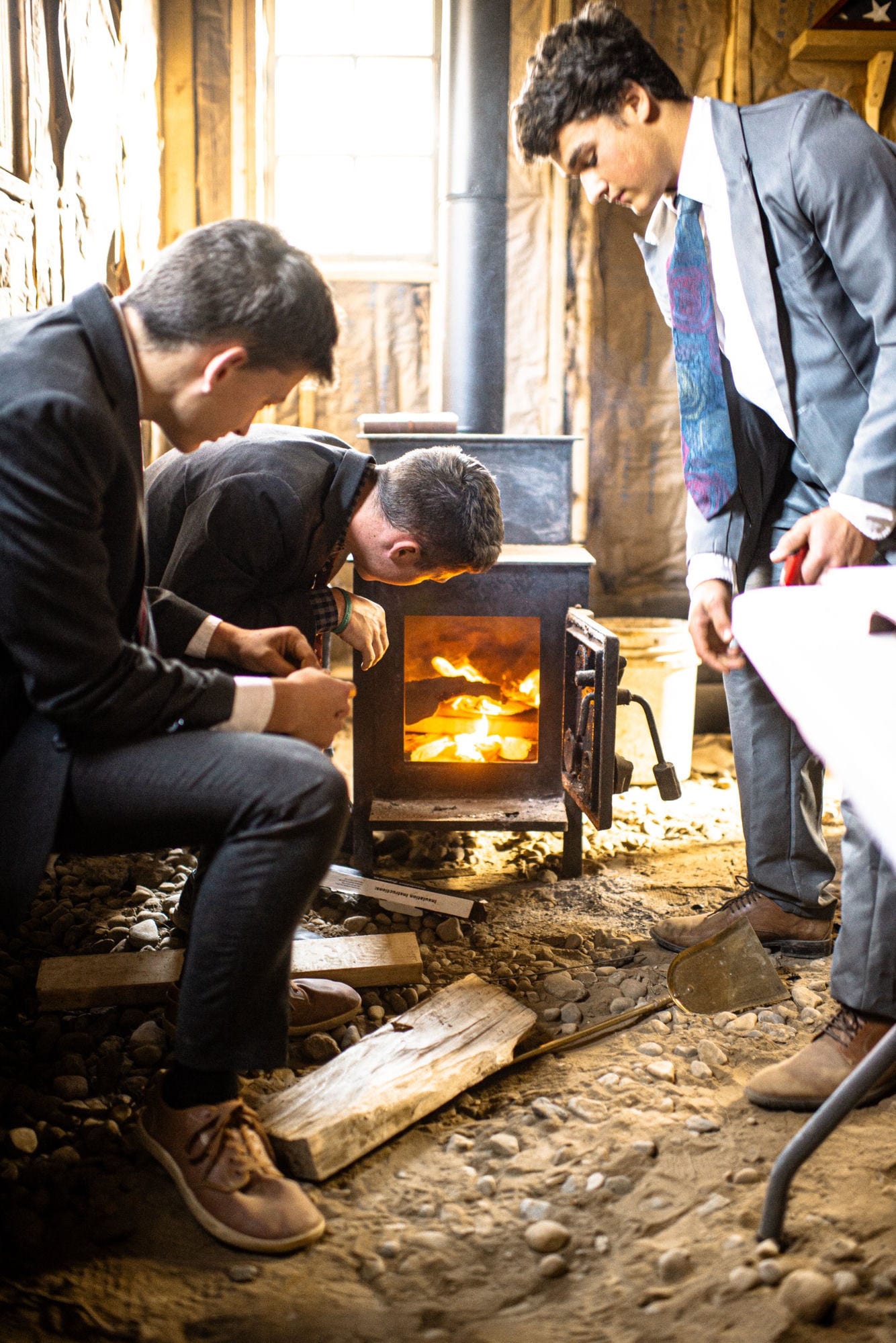 Students tending the workshop stove
